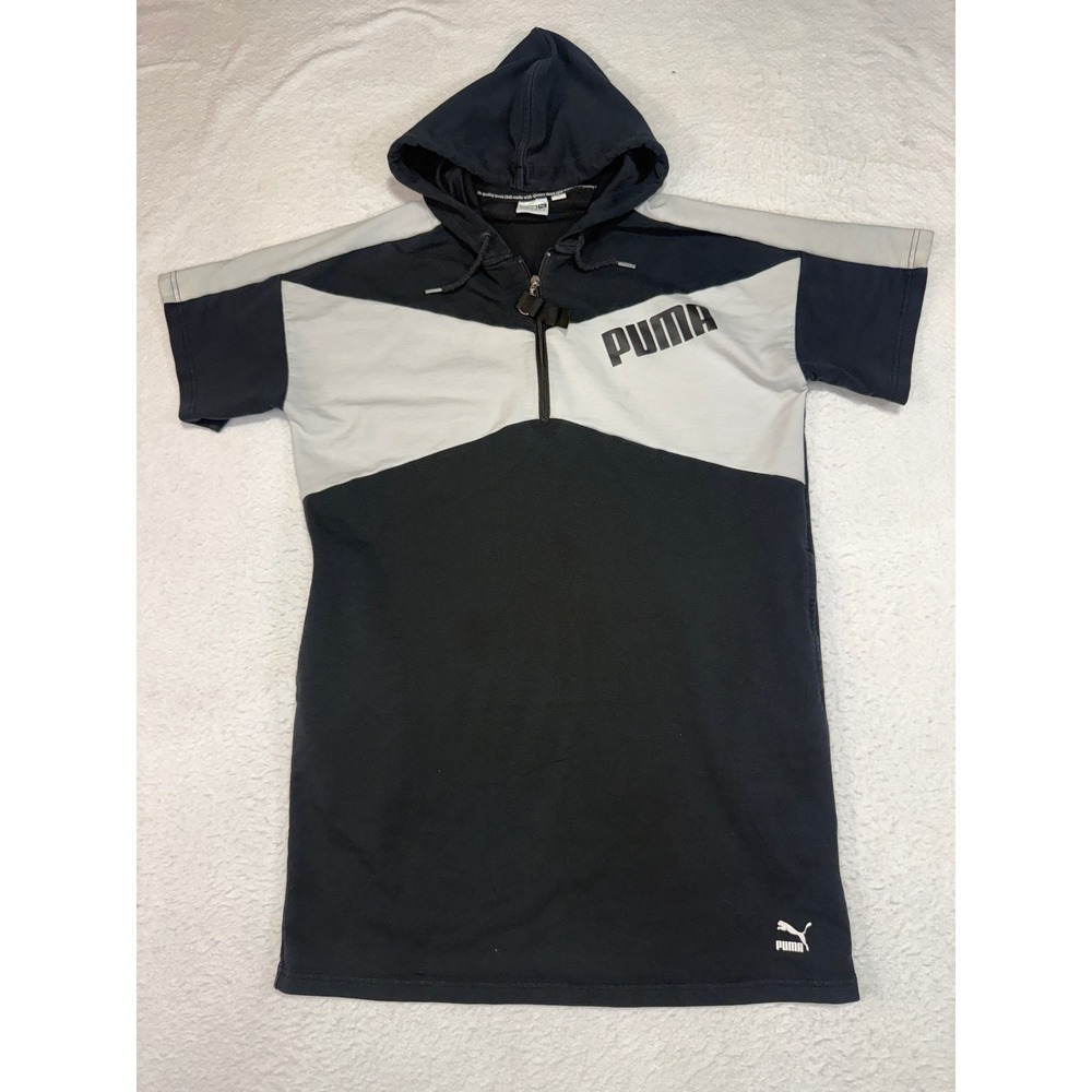 Puma Womens Short Sleeve Hooded Dress Black Grey Quarter Zip Sporty Size S